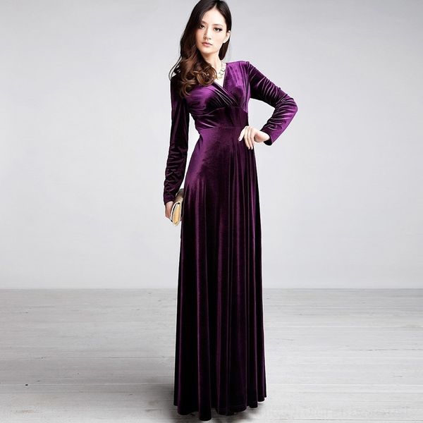 

grw autumn women's sleeve and winter women's large size long sleeve v-neck long swing plus size dresses floor sweeping velvet dres