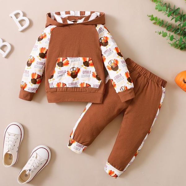 

clothing sets 2pcs kids boys/girls thanksgiving day cartoon print long sleeve hooded pullover pocket hoodies trousers clothes, White