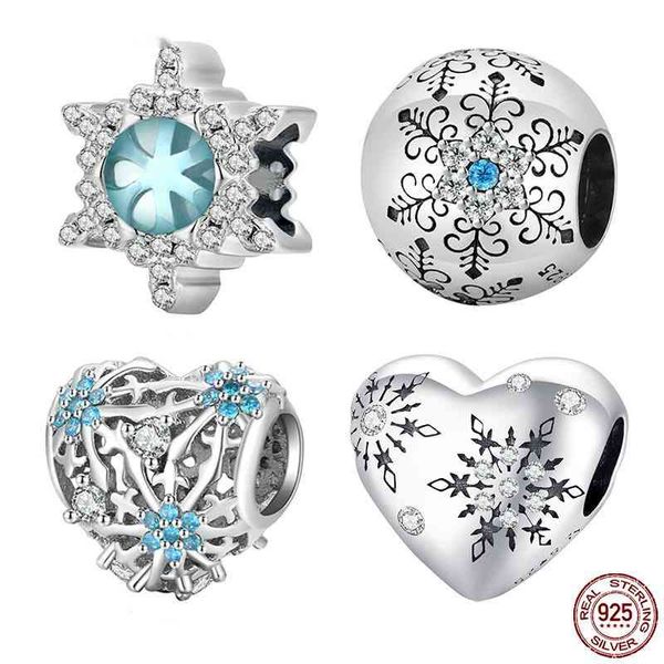 Bamoer 925 Plata de Ley piedra lunar copo de nieve abalorio amor colgante para pulsera Original brazalete mujer joyería fina