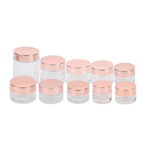 Vaso di vetro trasparente smerigliato Bottiglia di crema Contenitore cosmetico con coperchio in oro rosa 5g 10g 15g 20g 30g 50g 100g Bottiglie di imballaggio