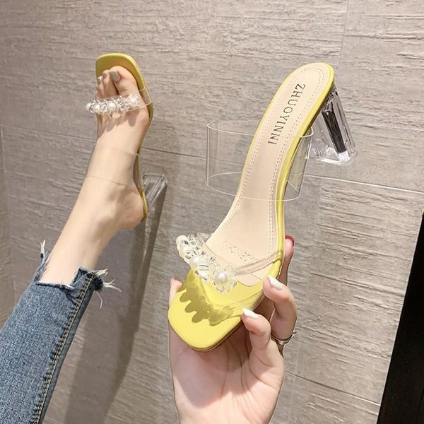 

slippers casual female shoes transparent heel slides jelly flip flops med string bead luxury 2021 summer glitter rubber rome pu, Black