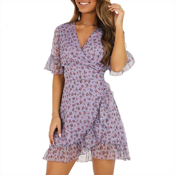 

boho floral summer women dress v neck tunic cocktail short sleeve mini sundress holiday beach vestidos, Black;gray