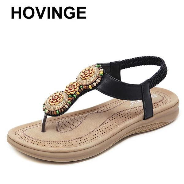

sandals hovinge summer women ethnic style travel retro string bead breathable beach herringbone flat, Black