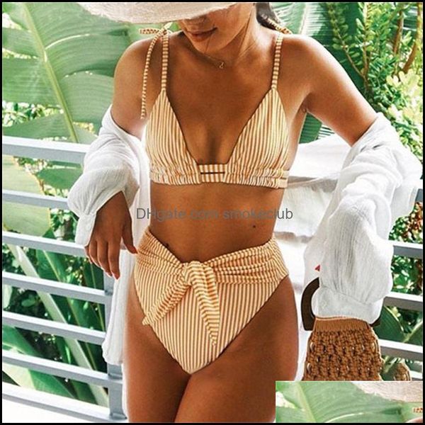 Bikini Attrezzatura per il nuoto Sport all'aperto Plavky Sexy Cintura a vita alta Bikini Set Costume da bagno a righe gialle Cravatta sul davanti Costumi da bagno donna Donna B