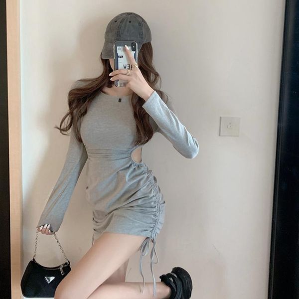 

casual dresses 2021 autumn korean style high waist temperament dress tight and thin short with arms, Black;gray
