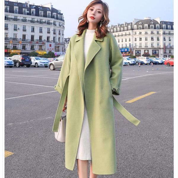 

autumn coat women faux woolen coats with belt overcoats long section windbreaker wool jackets outerwear women's & blends, Black