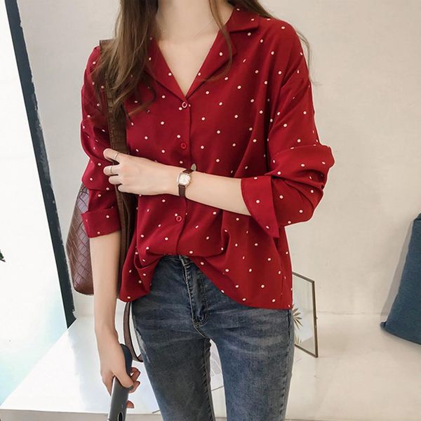 

autumn womens shirt women blouses casual long sleeve collar chiffon soft ladies office formal dots loose red clothing, White