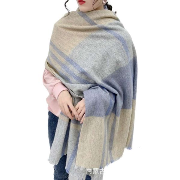 

2021 pure lamb wool autumn and winter increased plaid shawl to keep warm british style commuter general soft bib, Blue;gray