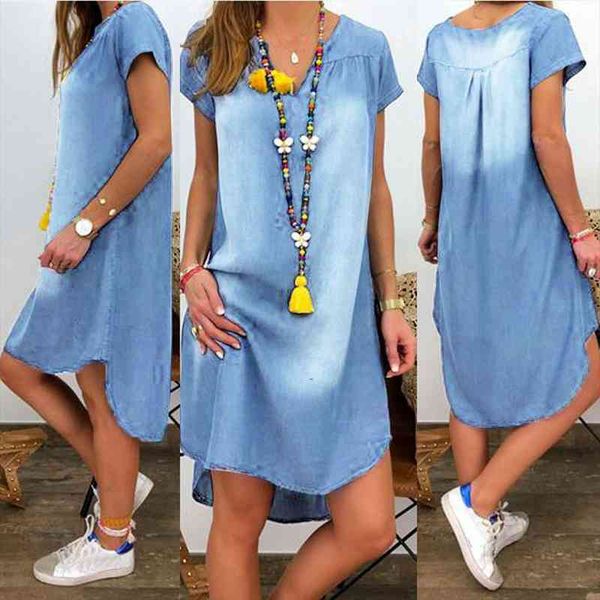 

womens summer jeans dress casual v neck denim long party dresses short sleeve swing dress ropa mujer s, Gray