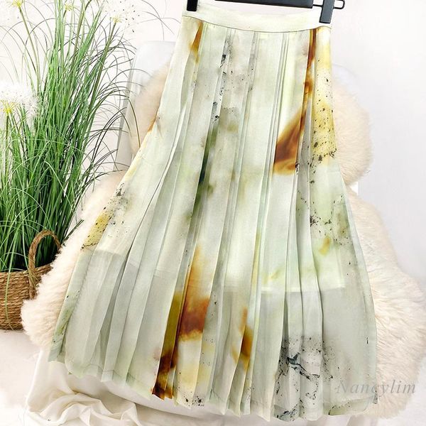 

skirt women gradient blooming splashed ink printing pleated female 2021 fashion printed skirts lady chic, Black