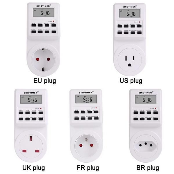 

timers by dhl 20pcs eu/us/uk/fr 230v plug switch socket plug-in programmable timer with clock summer time random function