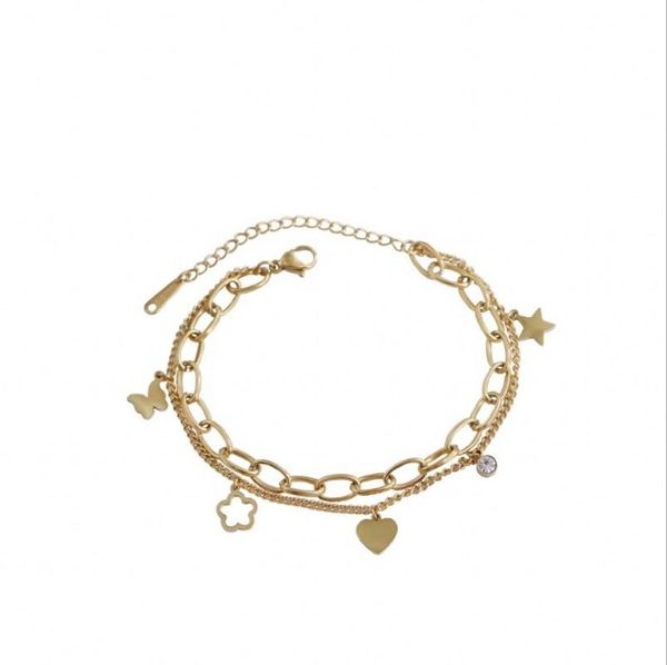 

link, chain est design double heart star bracelet with crystal hollow flower bangle, Black