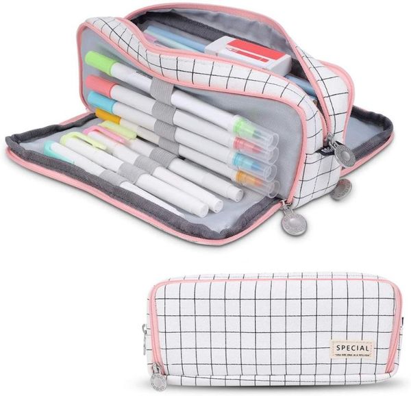 

pencil bags large case with zipper cute grid school supplies pouch for teen girls and boy student bag