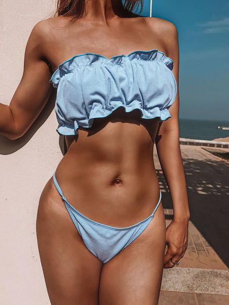 

women's swimwear bandeau bikini set strapless ruffle ruched high cut bottom two pieces swimsuit for women beach wear, White;black