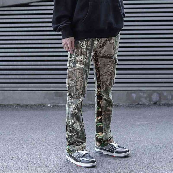 

men's pants camouflage leopard print color block mens cargo retro pockets straight oversize casual overalls loose hip hop trousers, Black