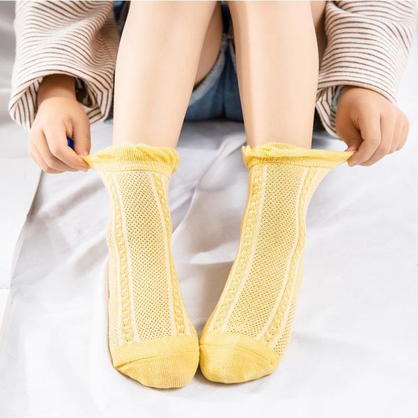 

socks children's spring and summer thin section breathable mesh in tube girls cotton lace baby calcetines meia infantil, Pink;yellow