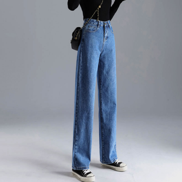 

jeans women loose high waist straight high waist pants solid color wide legs retro loose womens denim trousers thin section, Blue