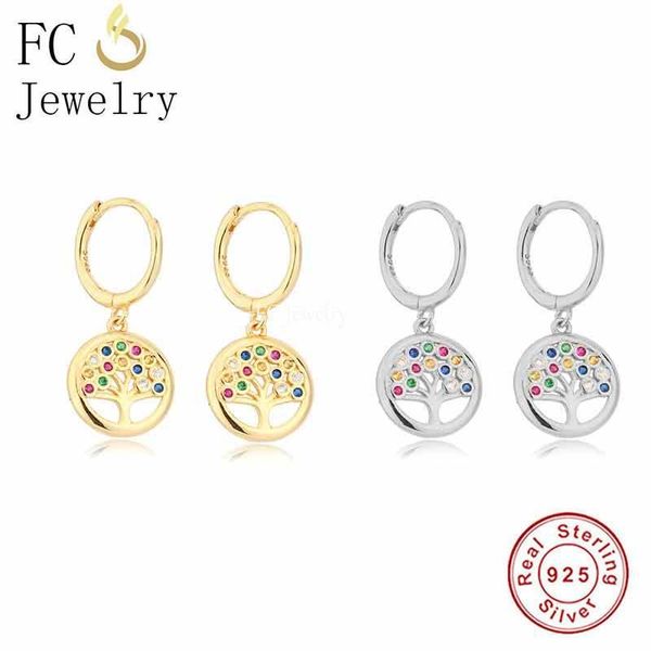 

hoop & huggie 925 sterling silver boho style tree of life rainbow color zircon piercing earring for women pendientes brincos 2021 fashion, Golden;silver
