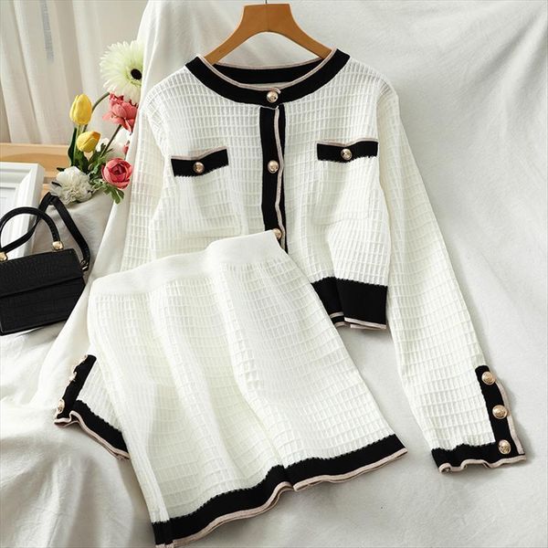 

korean spring autumn knitted suit womens tracksuits color matching short sweater hip skirt two piece, Gray