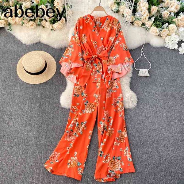 

print bohemian holiday jumpsuit women irregular design high waist hip wide leg bodysuit v neck flare long sleeve playsuit 210512, Black;white