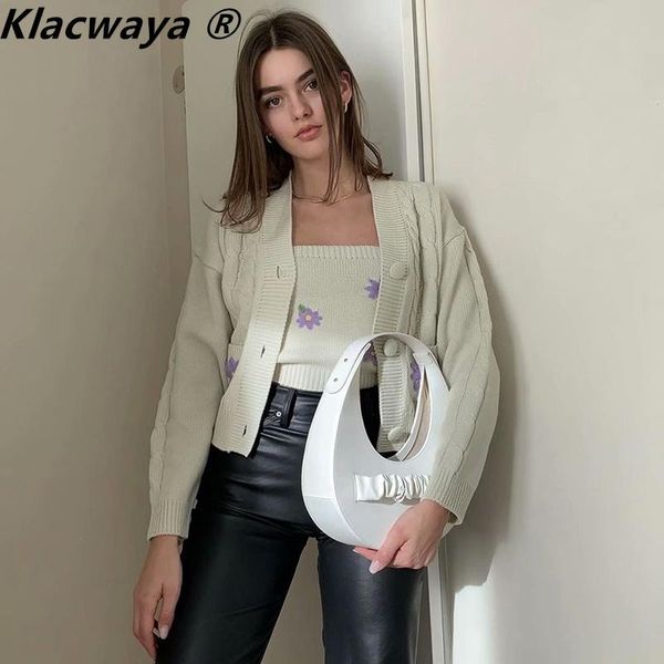 

women's knits & tees klacwaya women chic beige floral appliques vintage knitted cardigans v neck loose jackets casual y2k female sweate, White