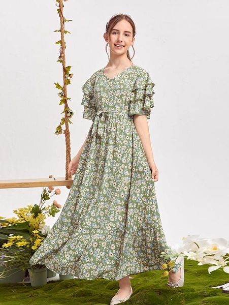 

teen girls v-neck layered flutter sleeve self belted dress she, Red;yellow