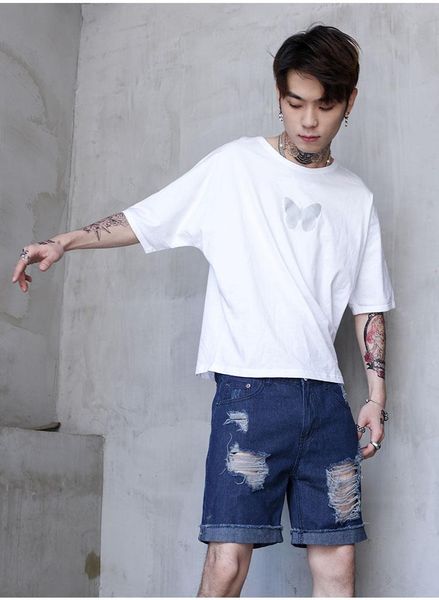 

men's t-shirts guochao hong kong style japanese short sleeve t-shirt men and women lovers splash ink butterfly print half large, White;black