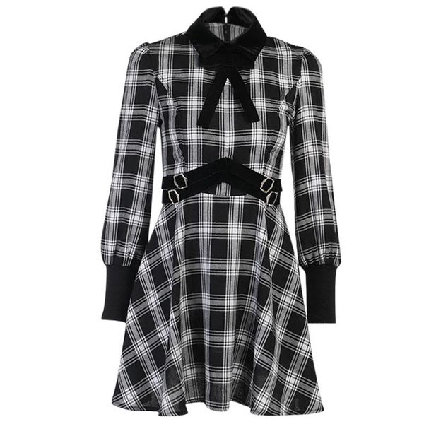 

casual dresses women's gothic plaid mini dress japanese button decoration velvet bow retro 50s sundress winter a-line grunge punk party, Black;gray