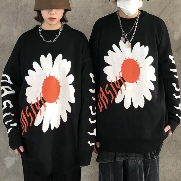 

women's sweaters oversized autumn/winter sweater harajuku chrysanthemum print streetwear korean loose female knitted, White;black
