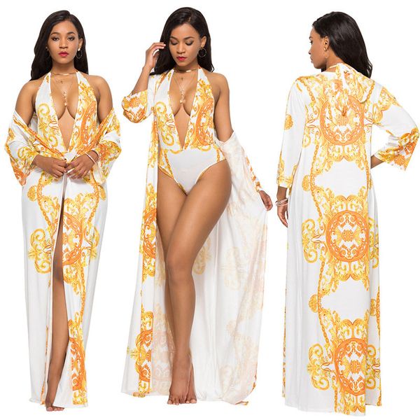 

fashion printed cloak bikini split swimsuit set women swimwear, White;black