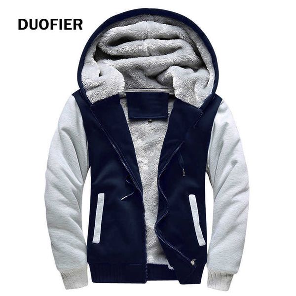 

men zipper hoodies jacket men winter warm coat fur lined fleece hoodies male hooded sweatshirt colorblock jackets for men 210603, Black