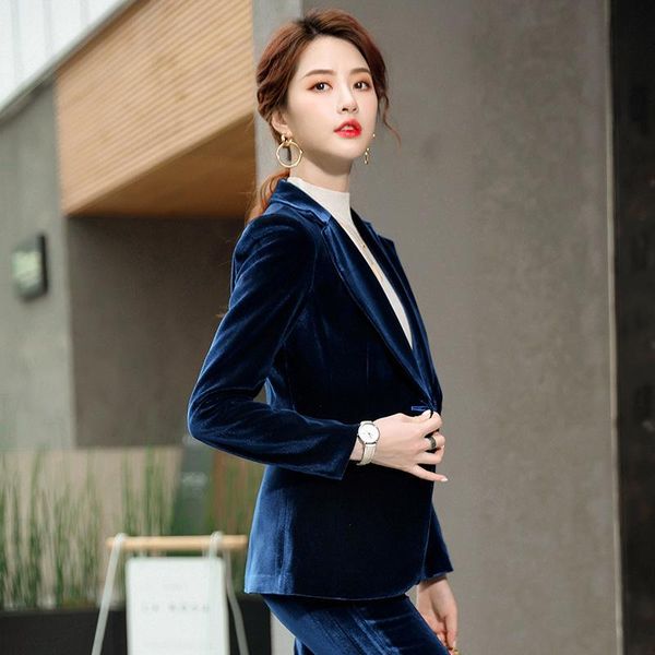 

women's two piece pants 2021 fashion gold velvet women suit set plus size s-4xl suits slim elegant ladies office clothing 2 pcs w70095, White