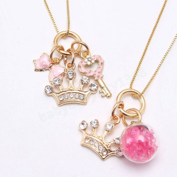 

girl jewelry kid fashion gold crown/bowknot round alloy pendant necklace charming chain necklace children party gift, Red;brown