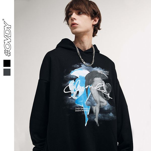 

wxwovdy men's fashion brand autumn and winter 2021 new personalized angel rebirth print oversize pullover, Black