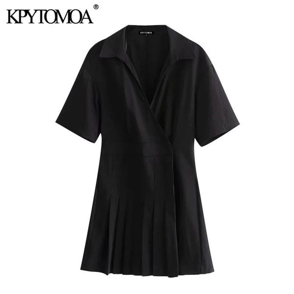 

women chic fashion pleated crossover mini dress vintage v neck short sleeve female dresses vestidos mujer 210416, Black;gray