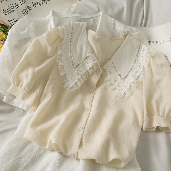 

women's blouses & shirts women fashion outdoor casual lace short sleeve blouse ladies ol sweet girls student elegant daily basic, White