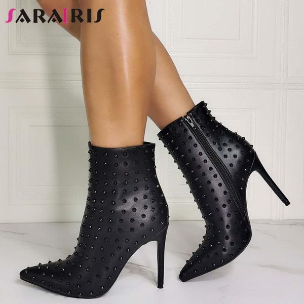 

boots sarairis large size 36-43 ladies autumn mature ankle women pointed toe thin high heels rivet shoes woman, Black