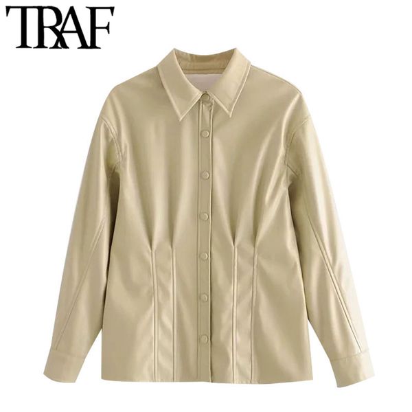 

traf women fashion faux leather pleated bloues vintage long sleeve snap-button female shirts blusas chic 210415, White