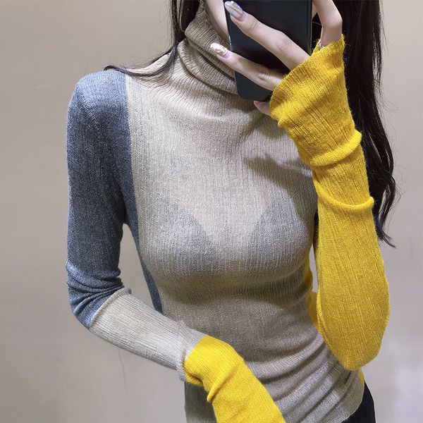 

women's sweaters autumn and winter color combining tight eating soil female western style turtleneck high base sweater bwb6, White;black