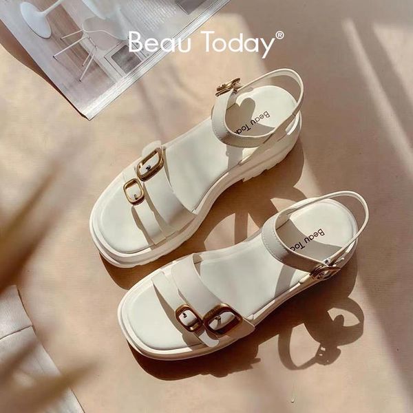 

sandals beautoday chunky gladiator women cow leather platform shoes metal buckle ankle straps ladies summer wedges 38156, Black