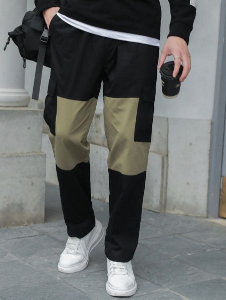 

men colorblock cargo pants 604m#, Black