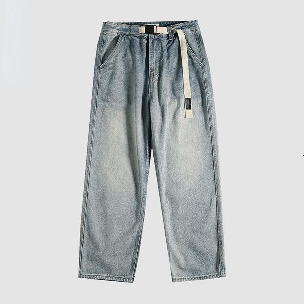 

men's jeans washed distressed light-colored wide-leg long pants loose straight-leg men, Blue