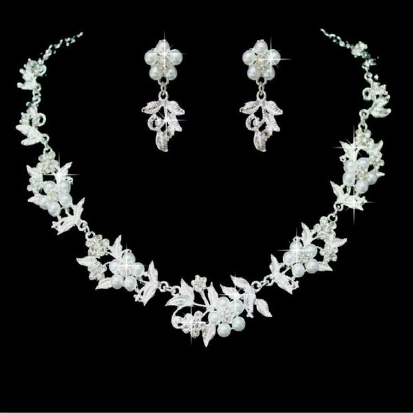 

earrings & necklace wedding jewelry set korean fashion alloy leaf pearl rhinestone ladies bridal for women, Silver