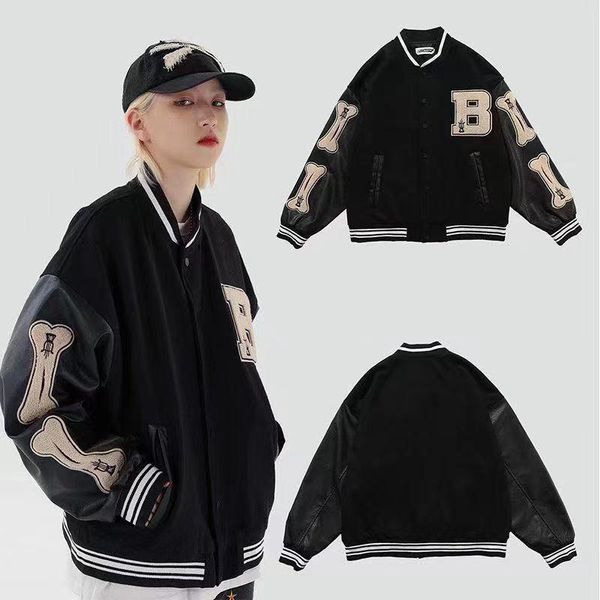 

women's jackets fashion women men street hip hop jacket coats loose oversize bone embroidery baseball pu patchwork, Black;brown