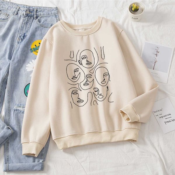 

skuggnas abstract face line art winter hoodie women vintage sweatshirt pullover tumblr gothic aesthetic harajuku graphic hoodies y0820, Black