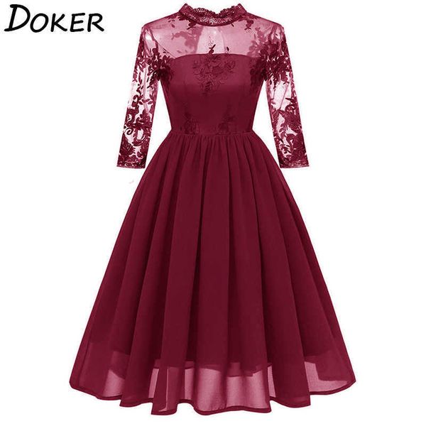 

women elegant lace chiffon evening party dress fashion hollow o-neck es ladies vintage embroidered midi a-line 210604, Black;gray