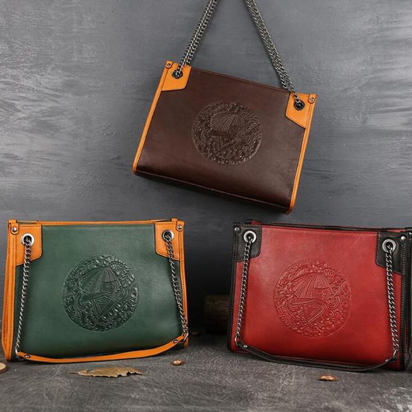 

evening bags vintage emossed genuine leather tote for women chain crossbody shoulder bag female big shopper handbags sac
