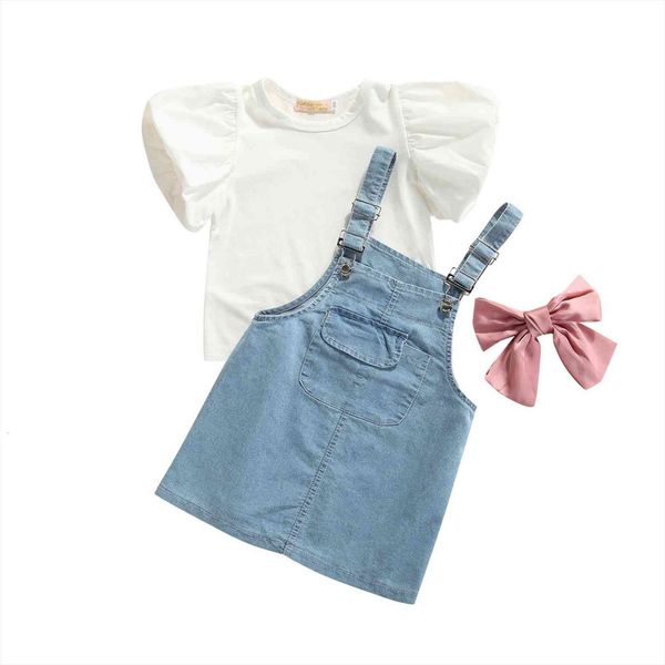

3pcs little girl outfit summer sweet style solid color collar puff short sleeve bow princess suspender skirt 1 8t, White