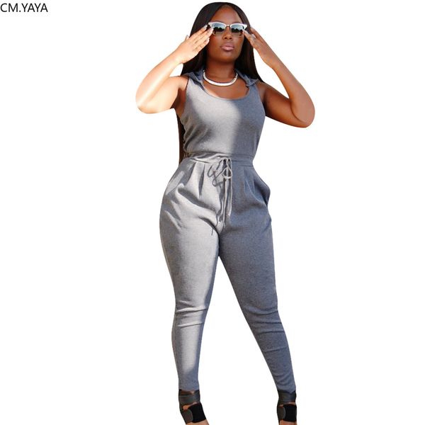 

cm.yaya women sport solid sleeveless hooded high waist pencil jumpsuit club party romper playsuit one piece overalls, Black;white