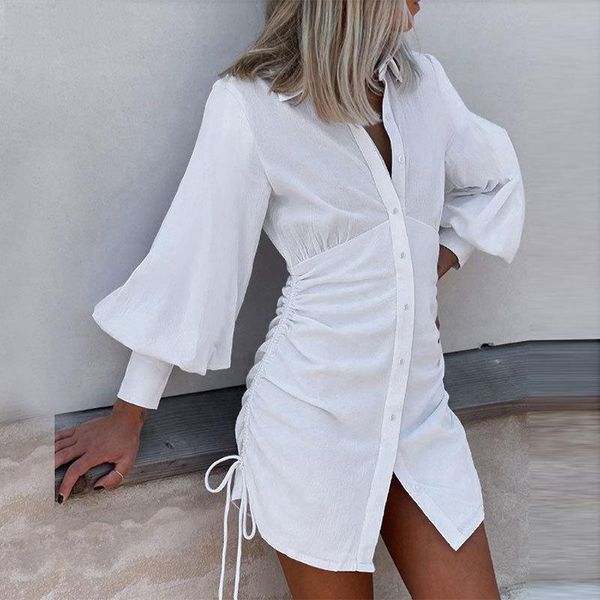 

casual dresses lantern sleeve shirt dress woman solid long party for women 2021 drawstring mini vestidos, Black;gray